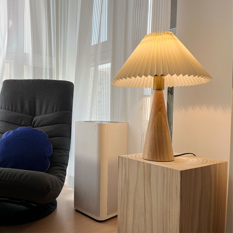 Tischlampe Holz Stoffschirm | Japandi Stil | LED | Warmes Licht