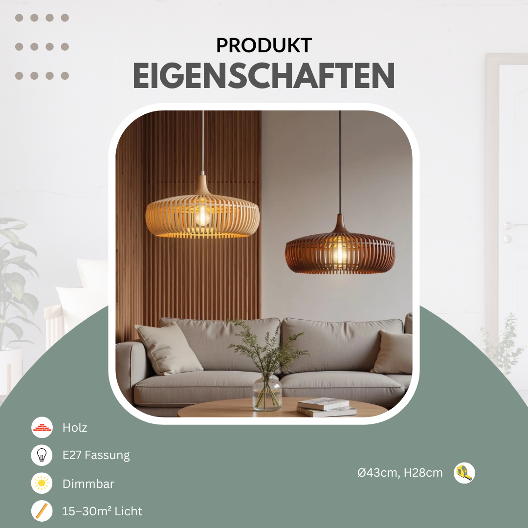 Große runde Holz-Pendelleuchte | Höhenverstellbar | Wohnzimmer & Esszimmer