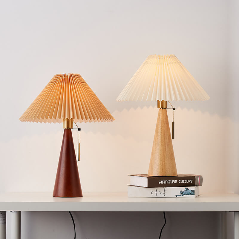 LED-Tischlampe | Japanisches Holz & Faltenstoff | Warmweißes Licht