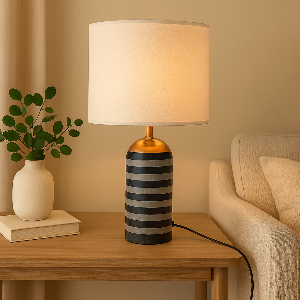 Tischlampe Marmor Gestreift | E27 | Stoffschirm | Modern