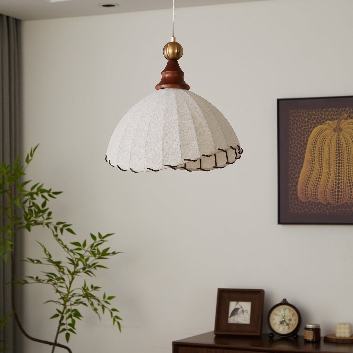 Pendelleuchte Stoff Plissee | Holz & Metall | E26/E27 LED | Elegant
