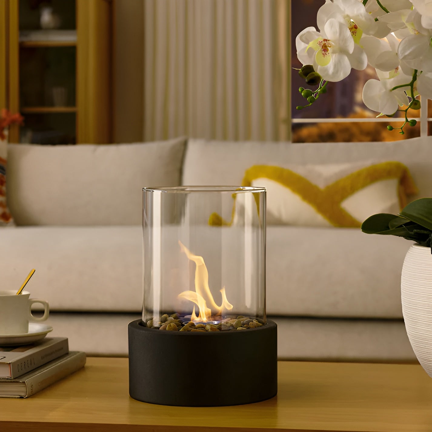 Bioethanol Tischkamin Zylinder | Glas & Metall | Rauchfrei | Indoor & Outdoor