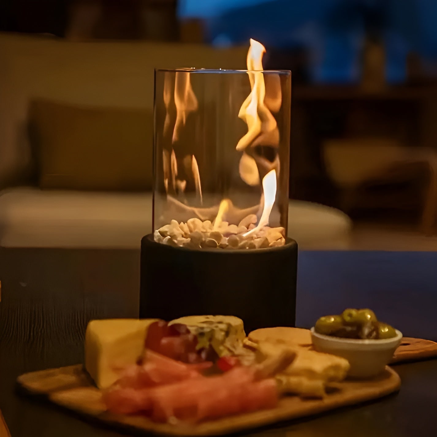 Bioethanol Tischkamin Zylinder | Glas & Metall | Rauchfrei | Indoor & Outdoor