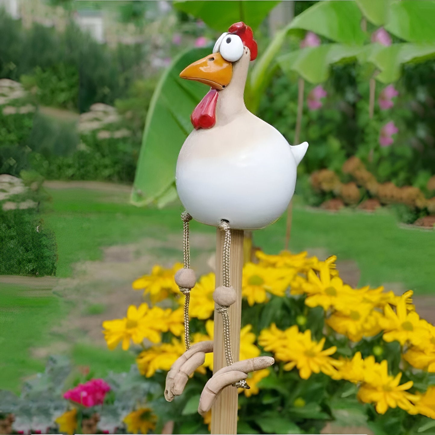 Gartenfigur Hahn aus Resin | Dekoration mit Hängebeinen | Garten & Balkon