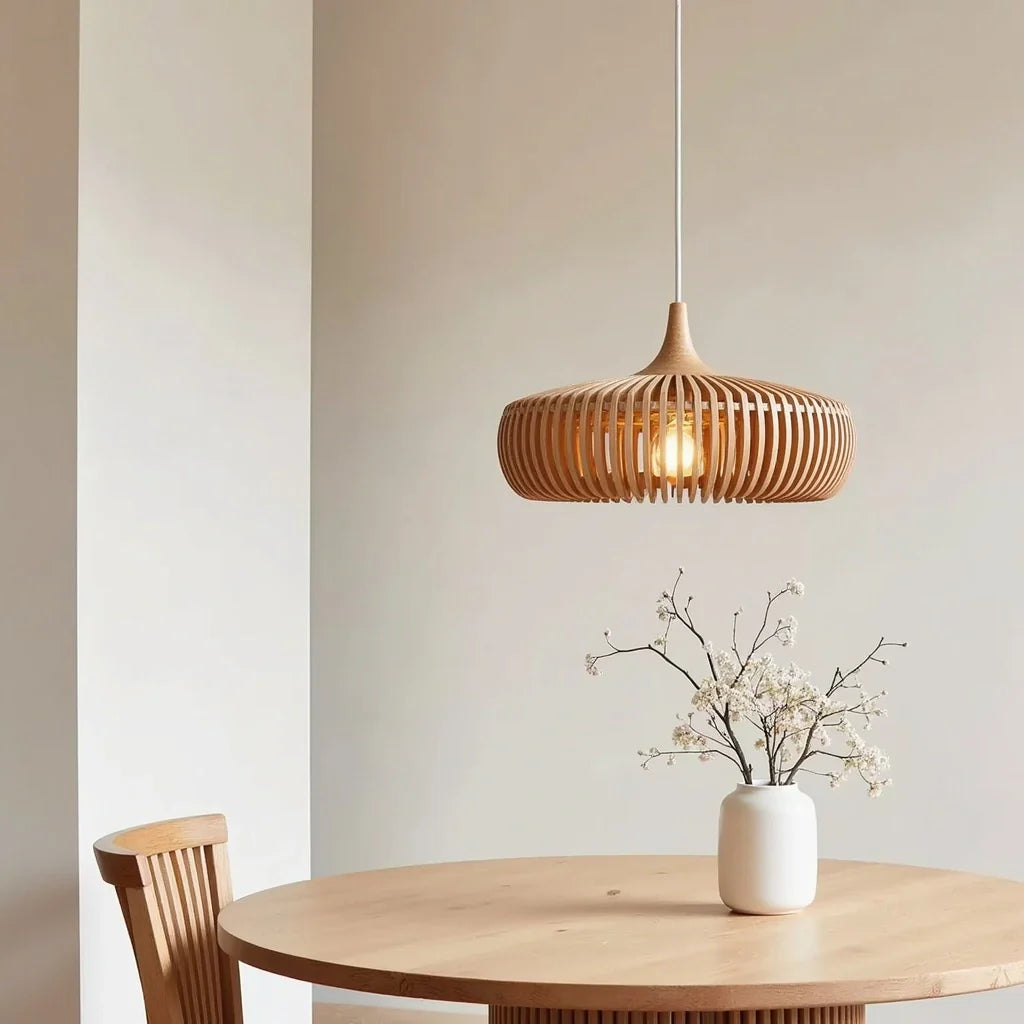 Große runde Holz-Pendelleuchte | Höhenverstellbar | Wohnzimmer & Esszimmer