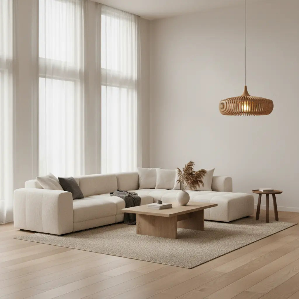 Große runde Holz-Pendelleuchte | Höhenverstellbar | Wohnzimmer & Esszimmer
