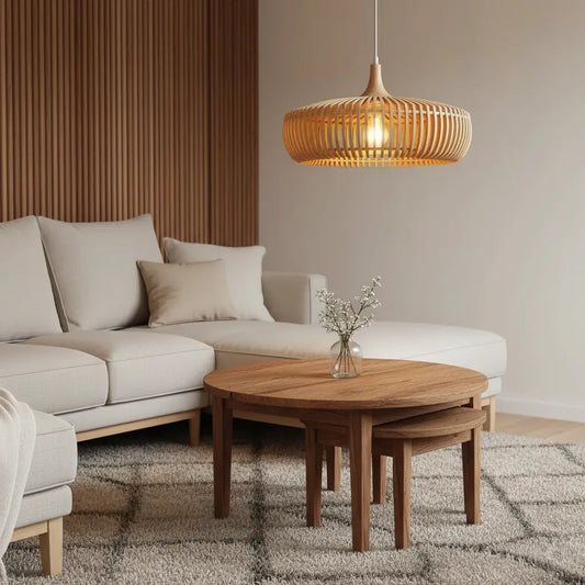 Große runde Holz-Pendelleuchte | Höhenverstellbar | Wohnzimmer & Esszimmer