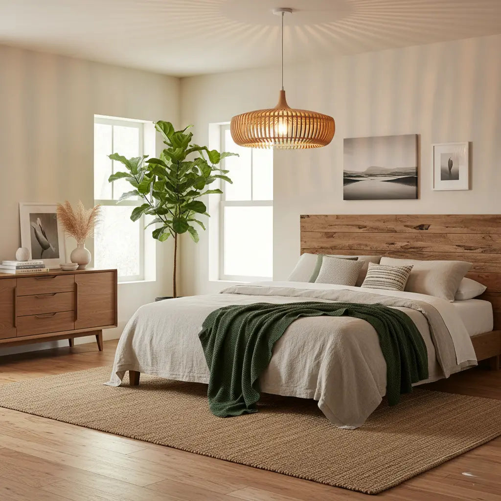 Große runde Holz-Pendelleuchte | Höhenverstellbar | Wohnzimmer & Esszimmer