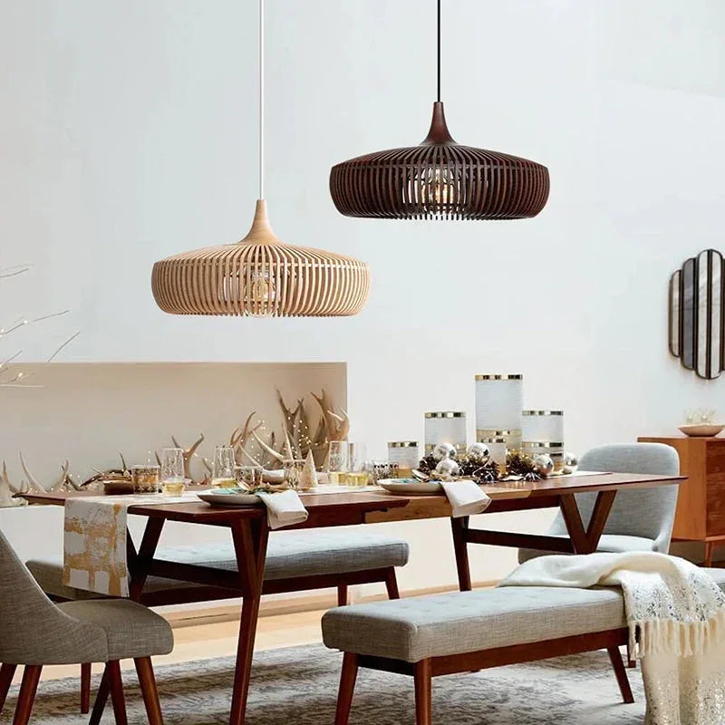 Große runde Holz-Pendelleuchte | Höhenverstellbar | Wohnzimmer & Esszimmer