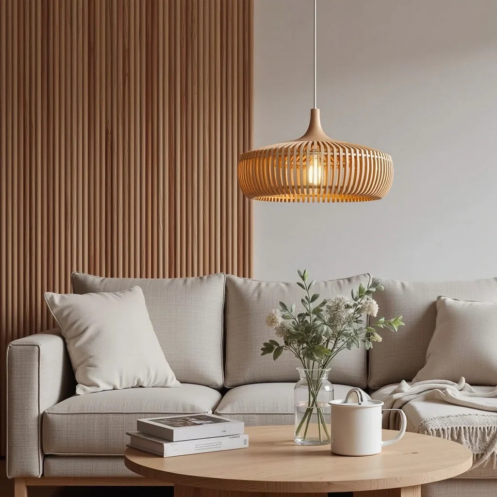 Große runde Holz-Pendelleuchte | Höhenverstellbar | Wohnzimmer & Esszimmer