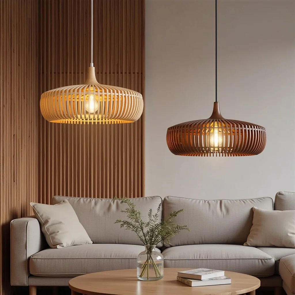 Große runde Holz-Pendelleuchte | Höhenverstellbar | Wohnzimmer & Esszimmer