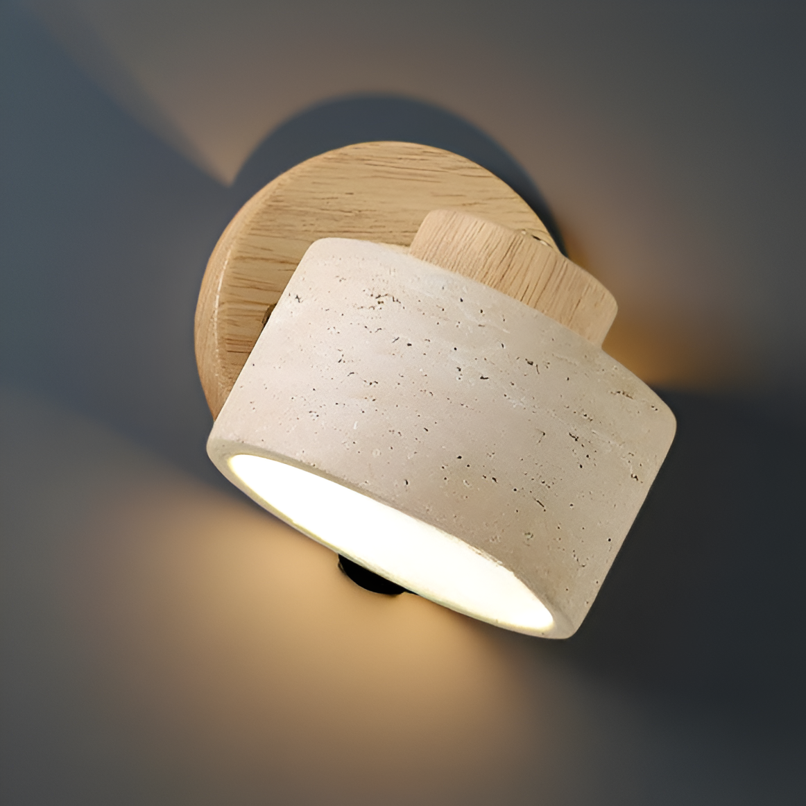 Minimalistische Travertin-Holz Zylinder-Wandleuchte | Natürlicher Minimalstil | LED-1-Flammig