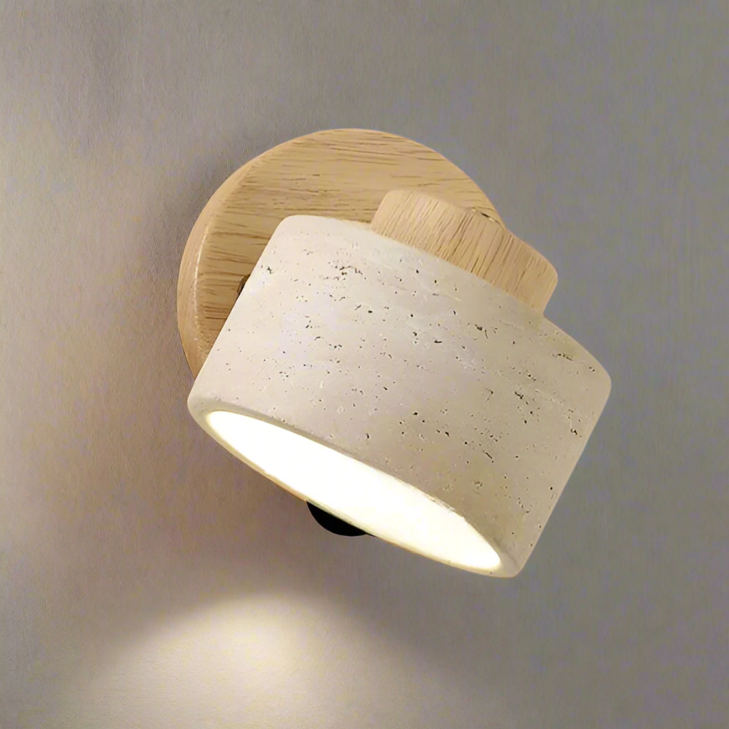 Minimalistische Travertin-Holz Zylinder-Wandleuchte | Natürlicher Minimalstil | LED-1-Flammig