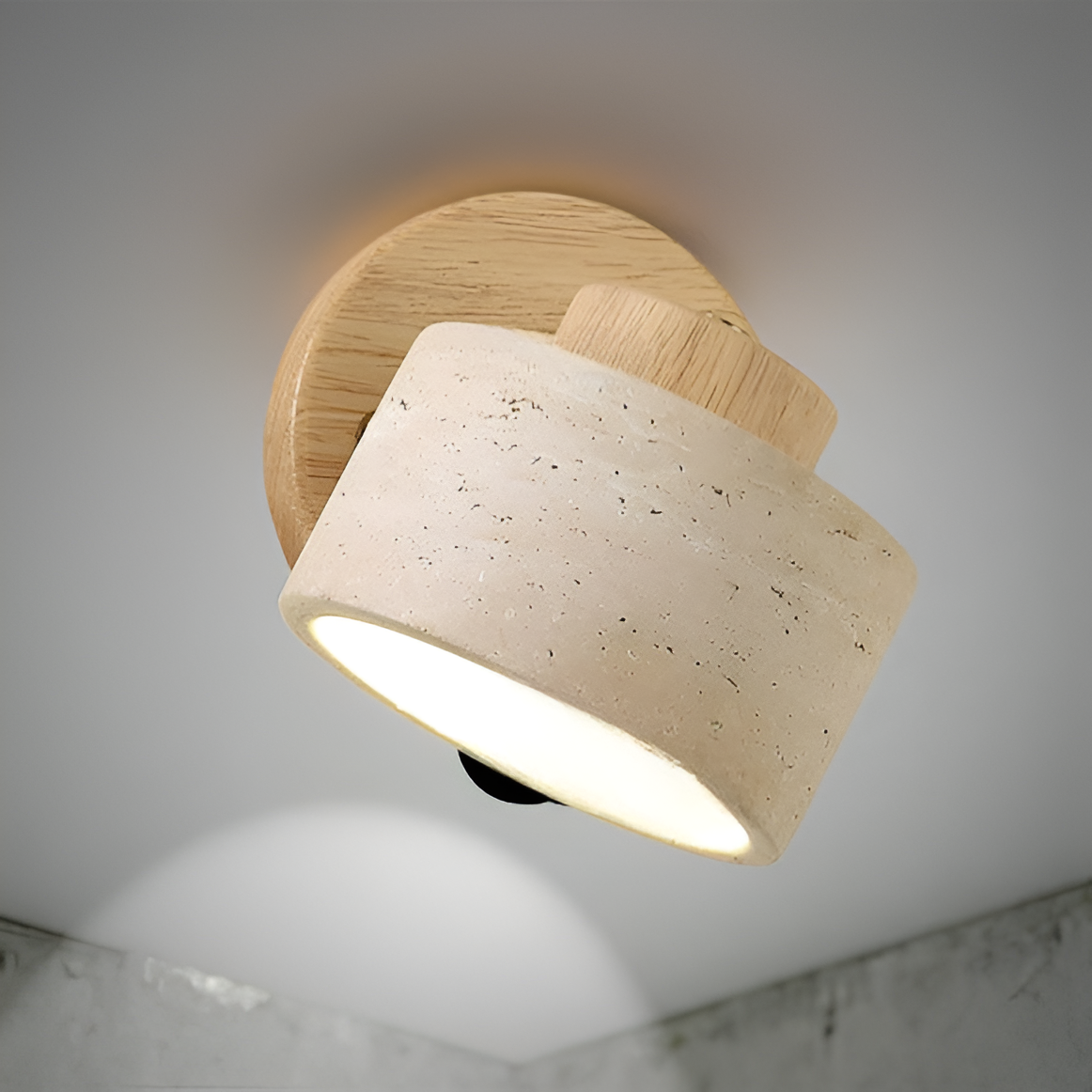 Minimalistische Travertin-Holz Zylinder-Wandleuchte | Natürlicher Minimalstil | LED-1-Flammig