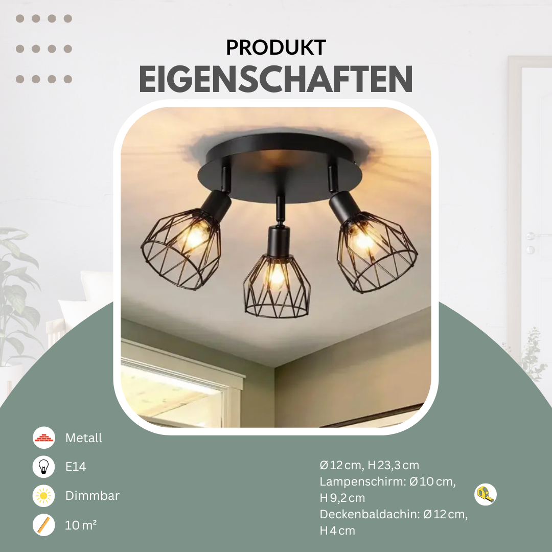 Industrial-Deckenleuchte | 3-Flammig | Metall | Wohnzimmer & Essbereich