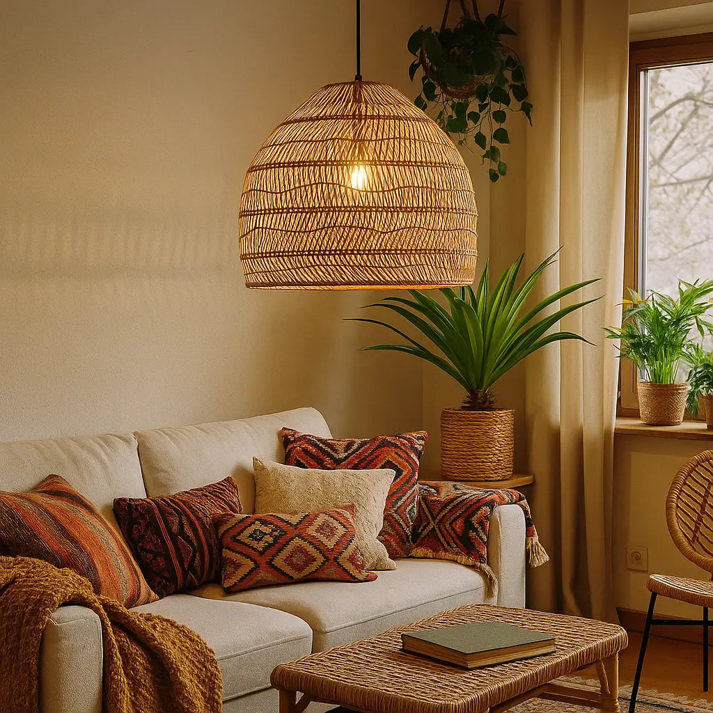 Rattan Pendelleuchte | Beige & Schwarz | Natürliches Material | Wohnzimmer & Esszimmer