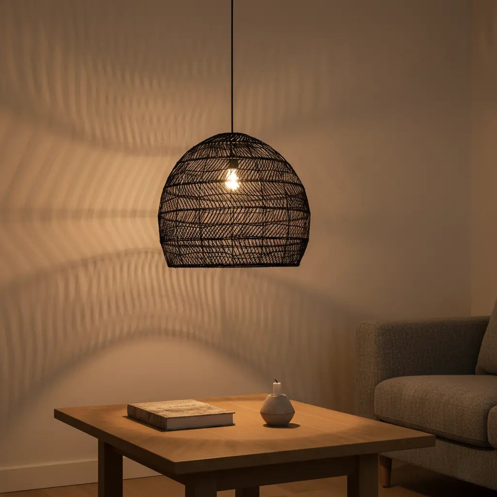 Rattan Pendelleuchte | Beige & Schwarz | Natürliches Material | Wohnzimmer & Esszimmer