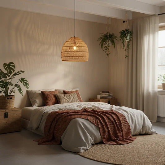 Rattan Pendelleuchte | Beige & Schwarz | Natürliches Material | Wohnzimmer & Esszimmer