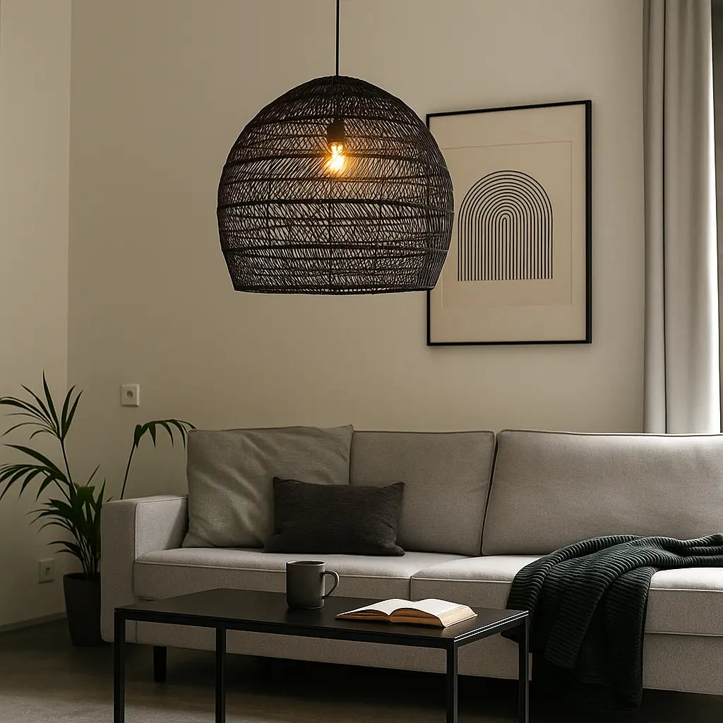 Rattan Pendelleuchte | Beige & Schwarz | Natürliches Material | Wohnzimmer & Esszimmer