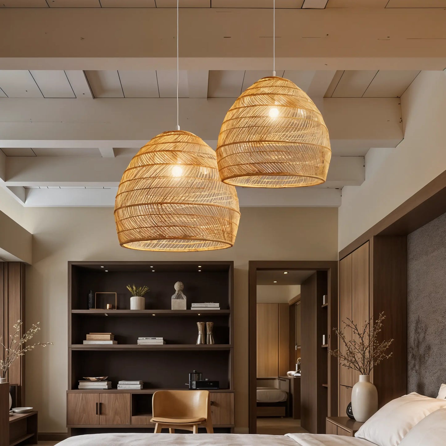 Rattan Pendelleuchte | Beige & Schwarz | Natürliches Material | Wohnzimmer & Esszimmer