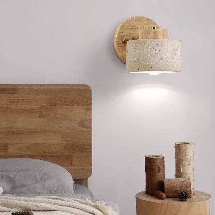 Minimalistische Travertin-Holz Zylinder-Wandleuchte | Natürlicher Minimalstil | LED-1-Flammig