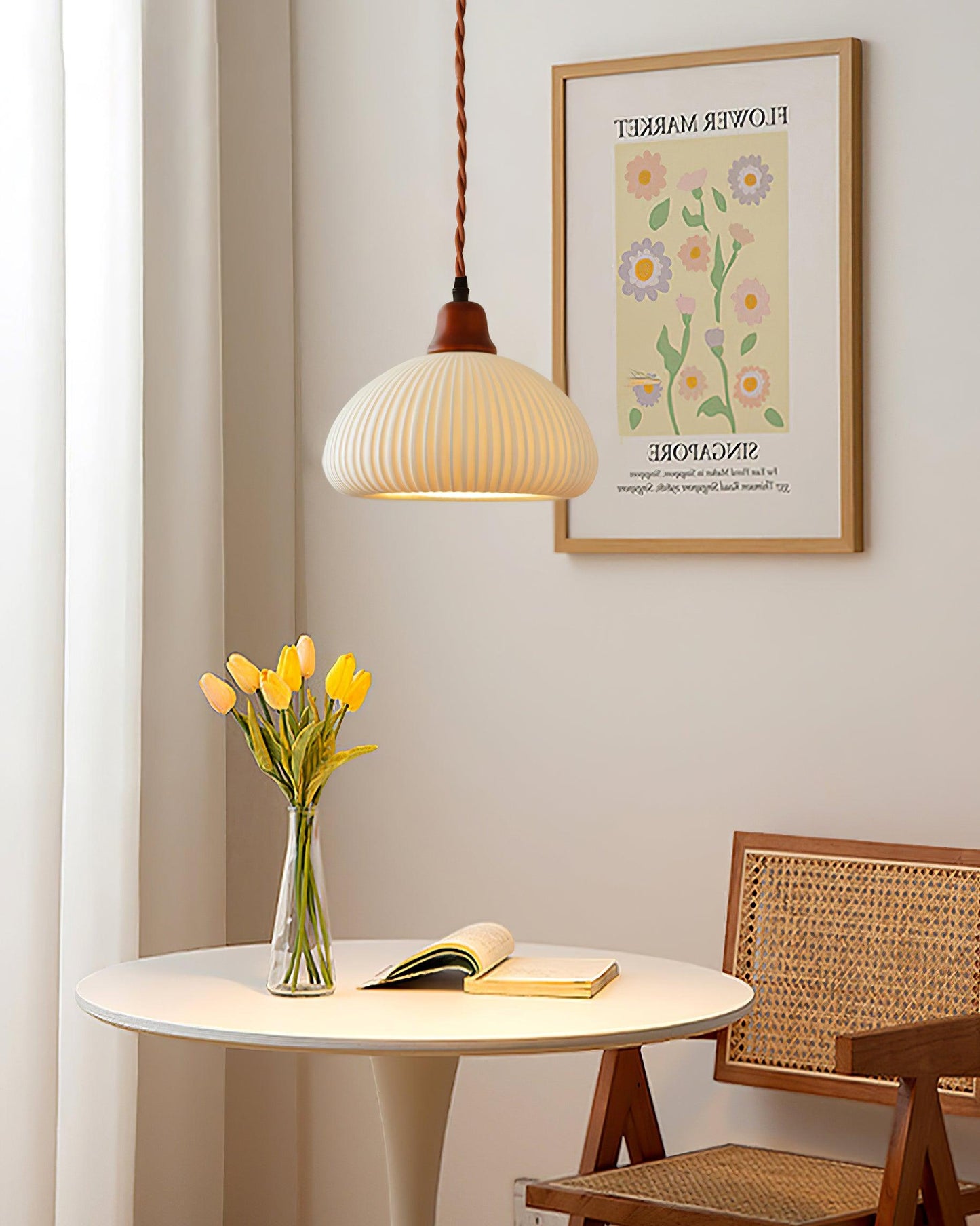 Keramik-Pendelleuchte | Holz-Akzent | E26/E27 LED-Licht | Warmweiß & Elegant