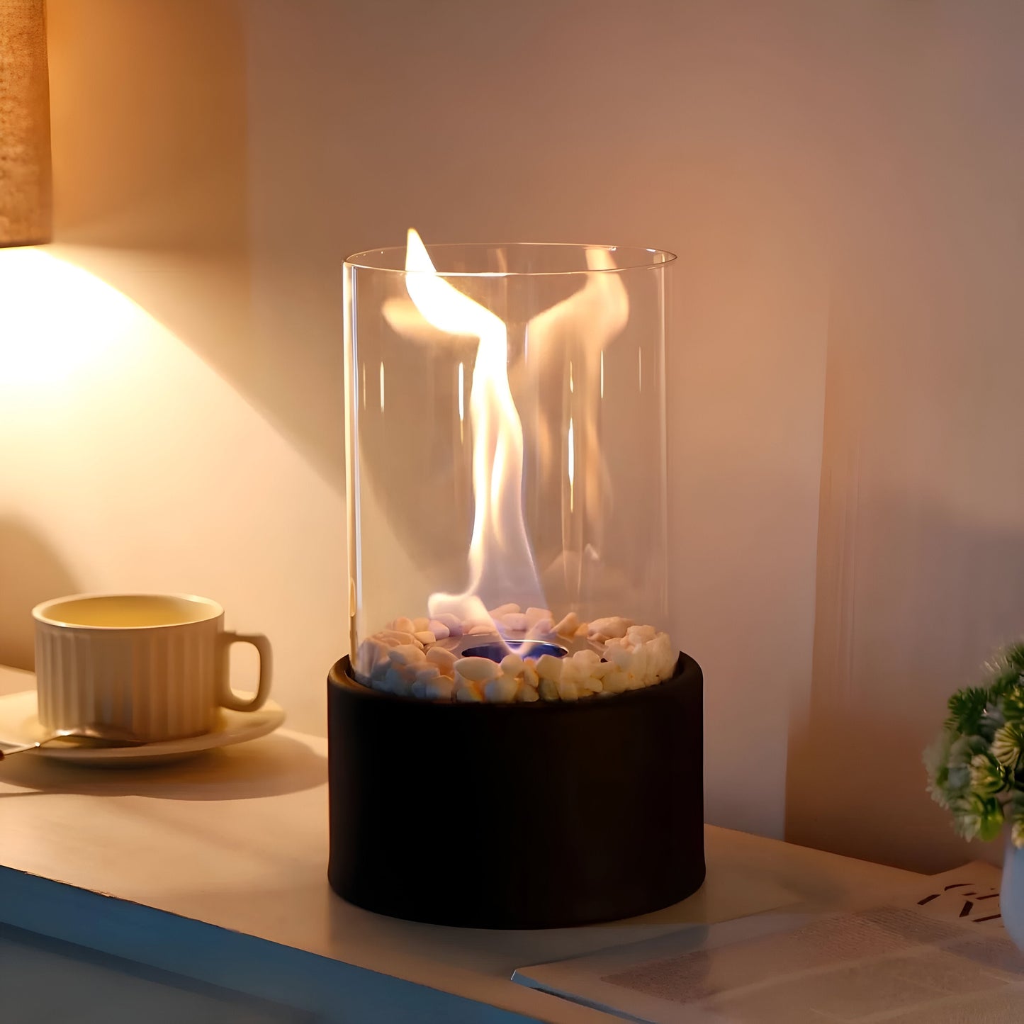 Bioethanol Tischkamin Zylinder | Glas & Metall | Rauchfrei | Indoor & Outdoor