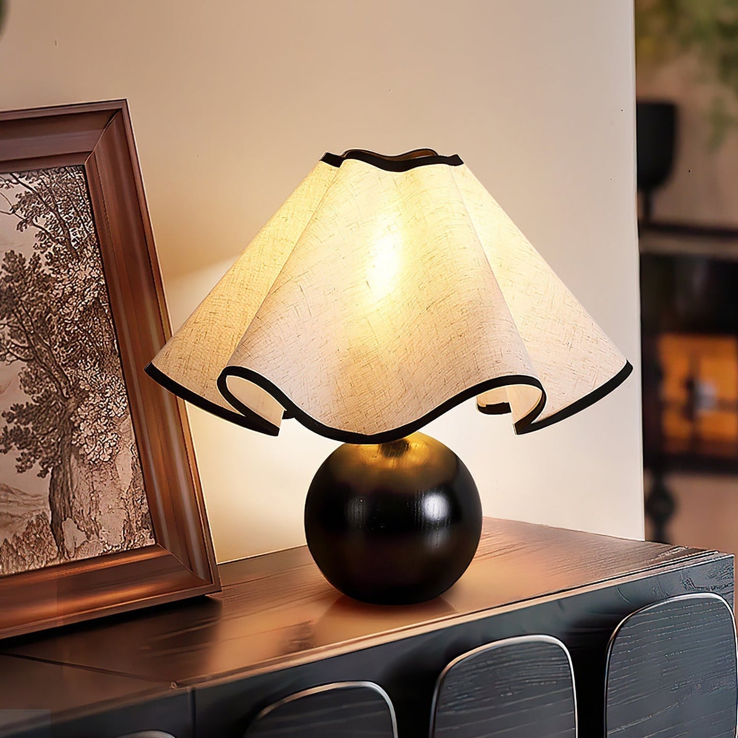 Tischlampe Stoff Wellenform | Holz | E27 | Warmes Licht