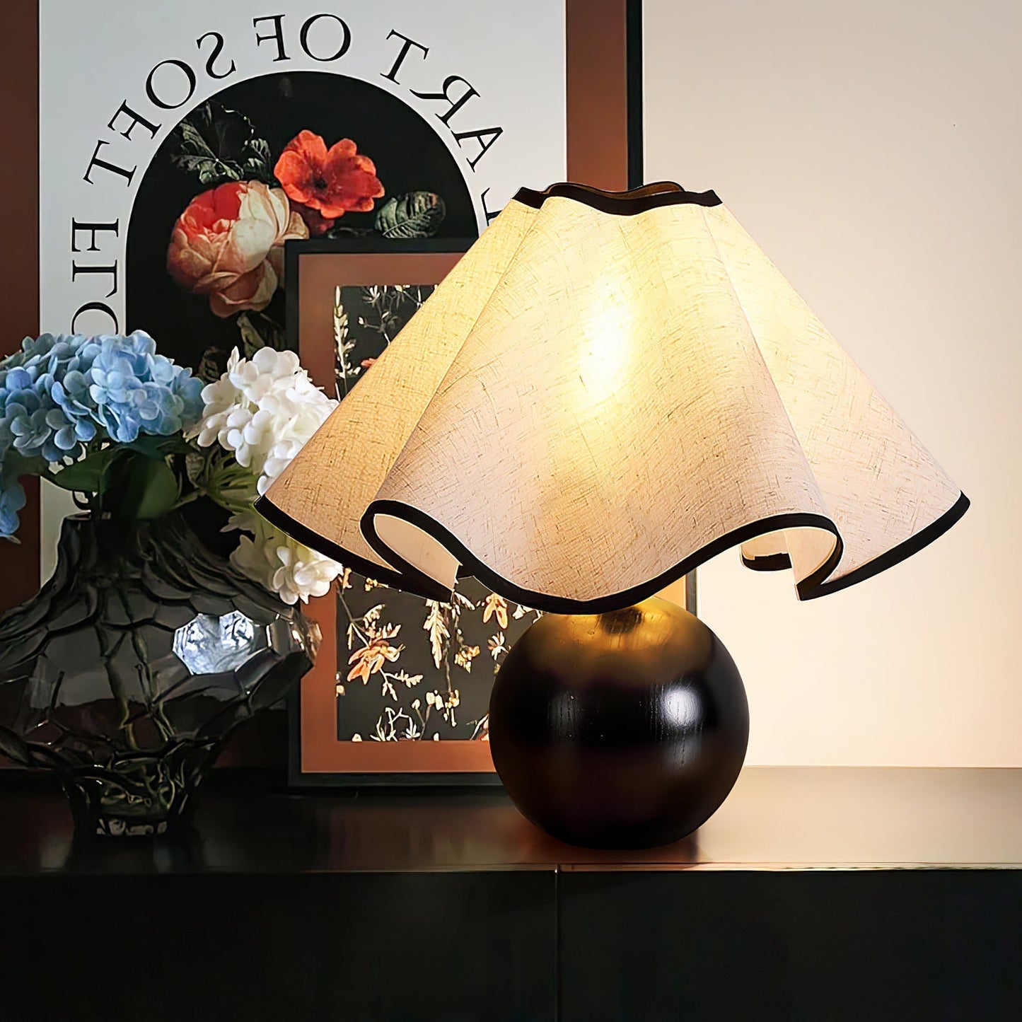 Tischlampe Stoff Wellenform | Holz | E27 | Warmes Licht