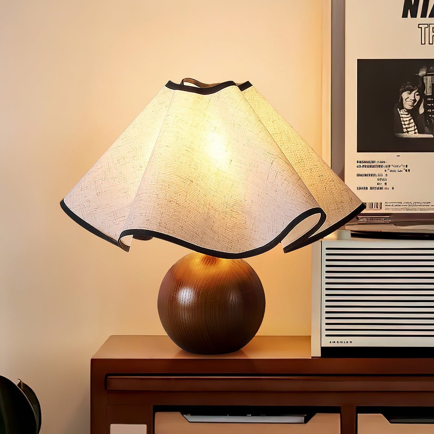 Tischlampe Stoff Wellenform | Holz | E27 | Warmes Licht