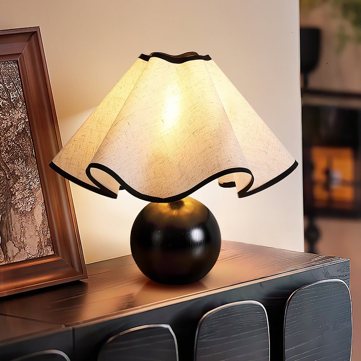 Tischlampe Stoff Wellenform | Holz | E27 | Warmes Licht