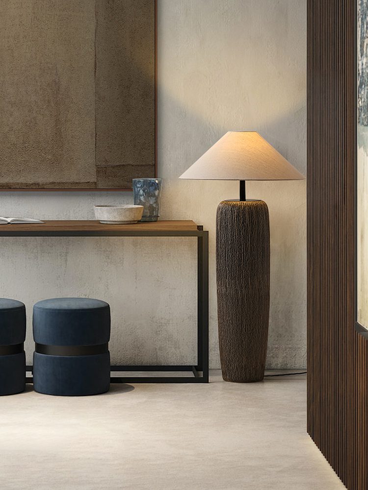 Stehlampe Vintage Holz-Look | Stoffschirm | E26/E27 LED | Rustikales Design
