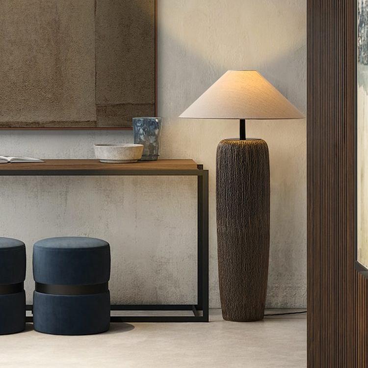 Stehlampe Vintage Holz-Look | Stoffschirm | E26/E27 LED | Rustikales Design