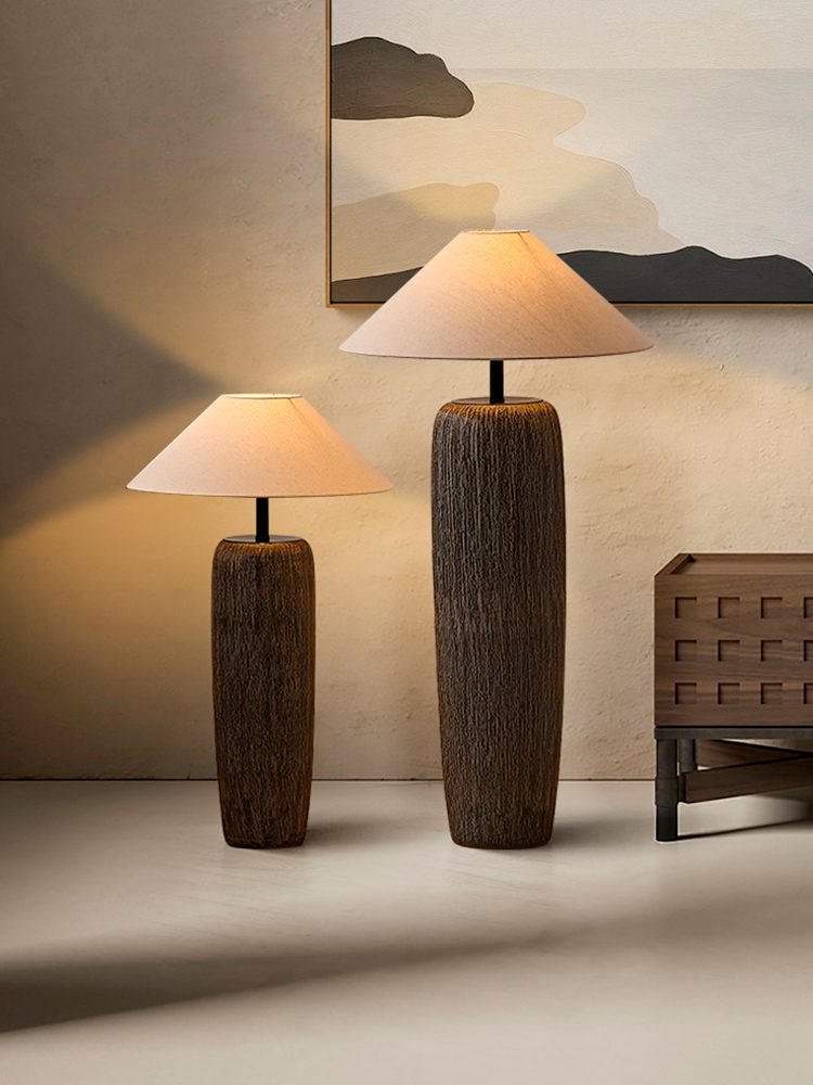 Stehlampe Vintage Holz-Look | Stoffschirm | E26/E27 LED | Rustikales Design