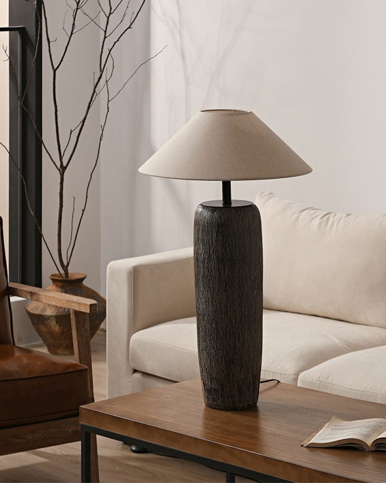 Stehlampe Vintage Holz-Look | Stoffschirm | E26/E27 LED | Rustikales Design