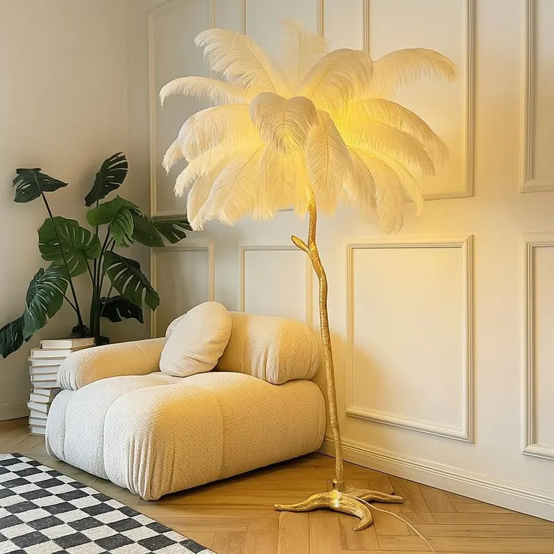 Exklusive Palmen-Stehlampe mit Federn – Luxus-Design für Wohnzimmer & Lounge