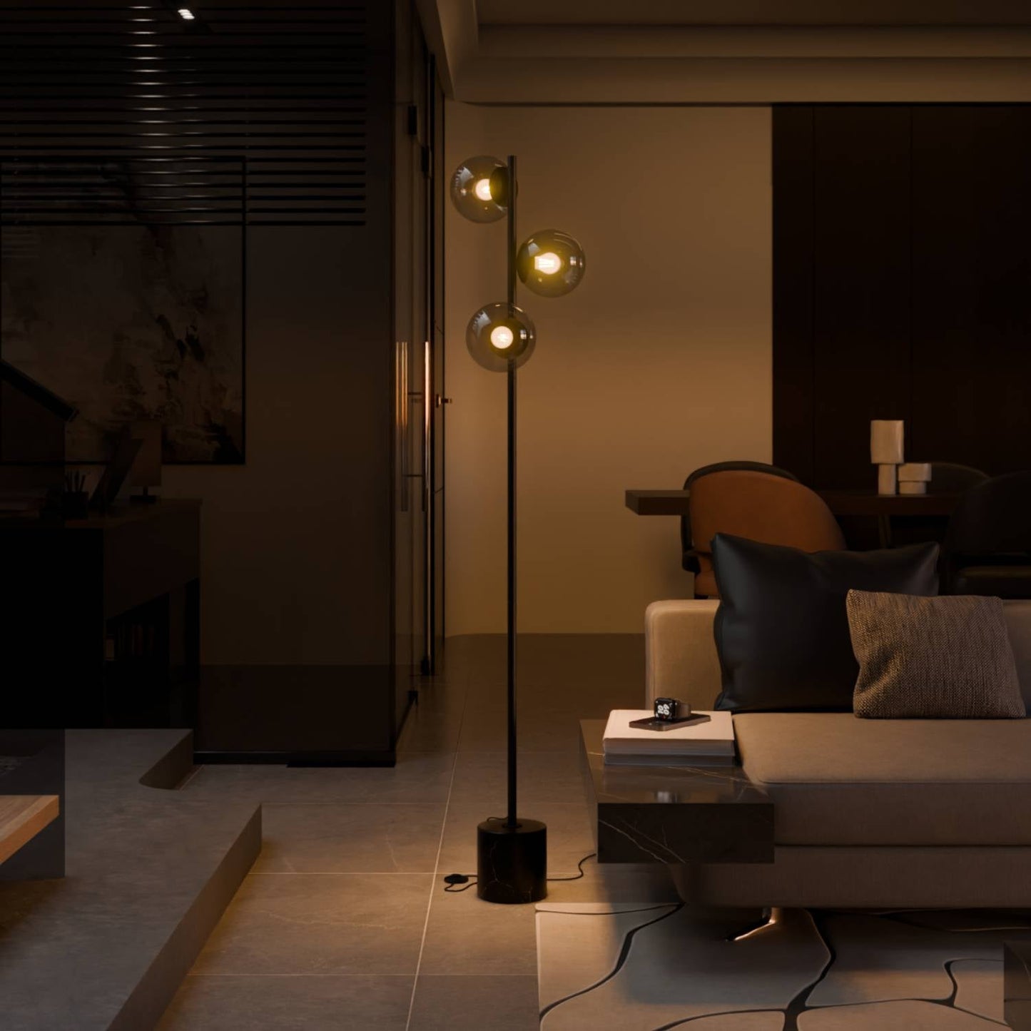 LED-Stehleuchte | Designer-Innenbeleuchtung | Opalglas & Travertin-Akzent