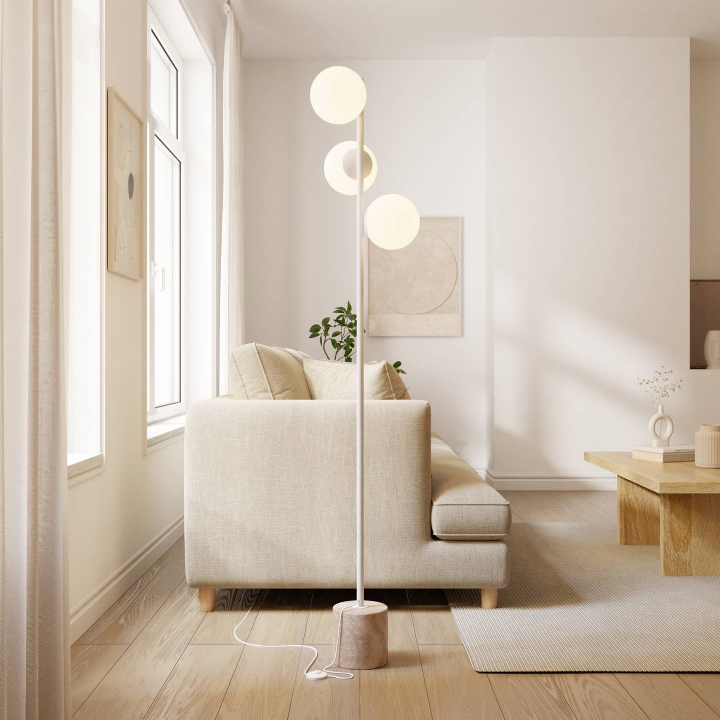 LED-Stehleuchte | Designer-Innenbeleuchtung | Opalglas & Travertin-Akzent