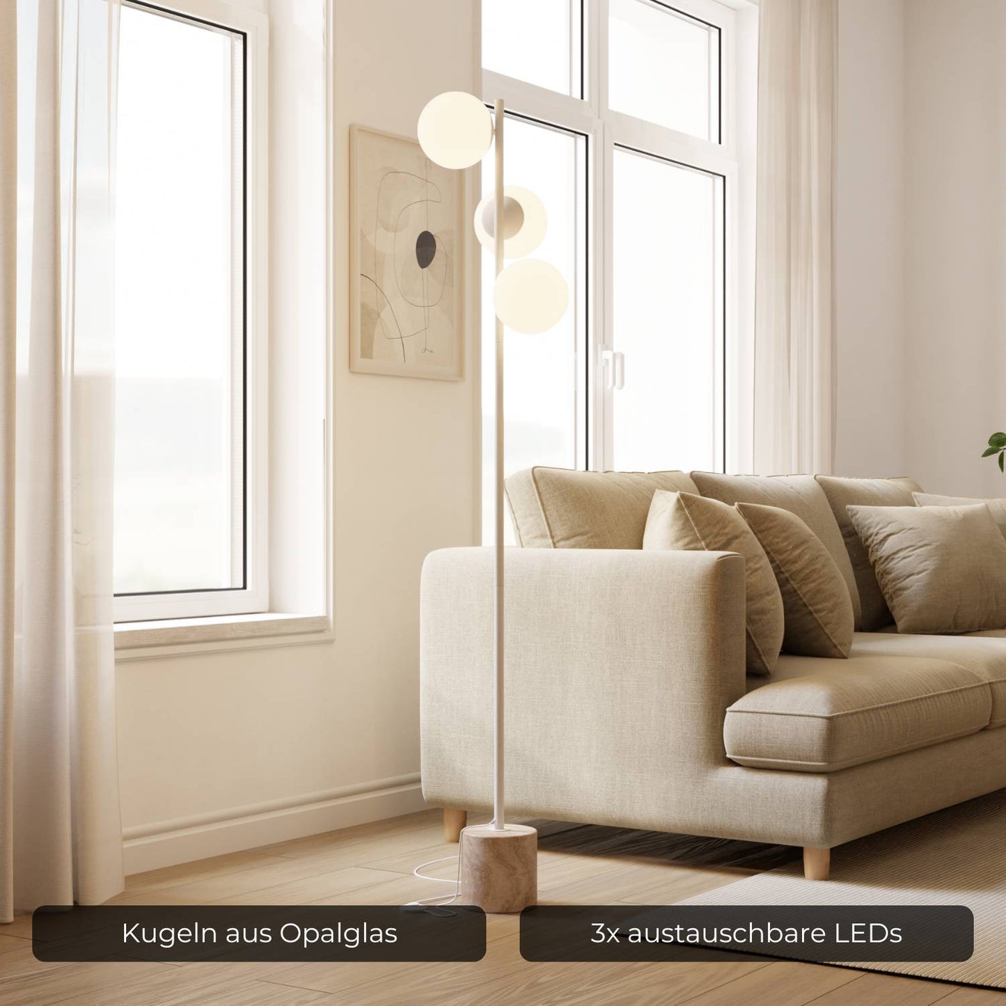 LED-Stehleuchte | Designer-Innenbeleuchtung | Opalglas & Travertin-Akzent