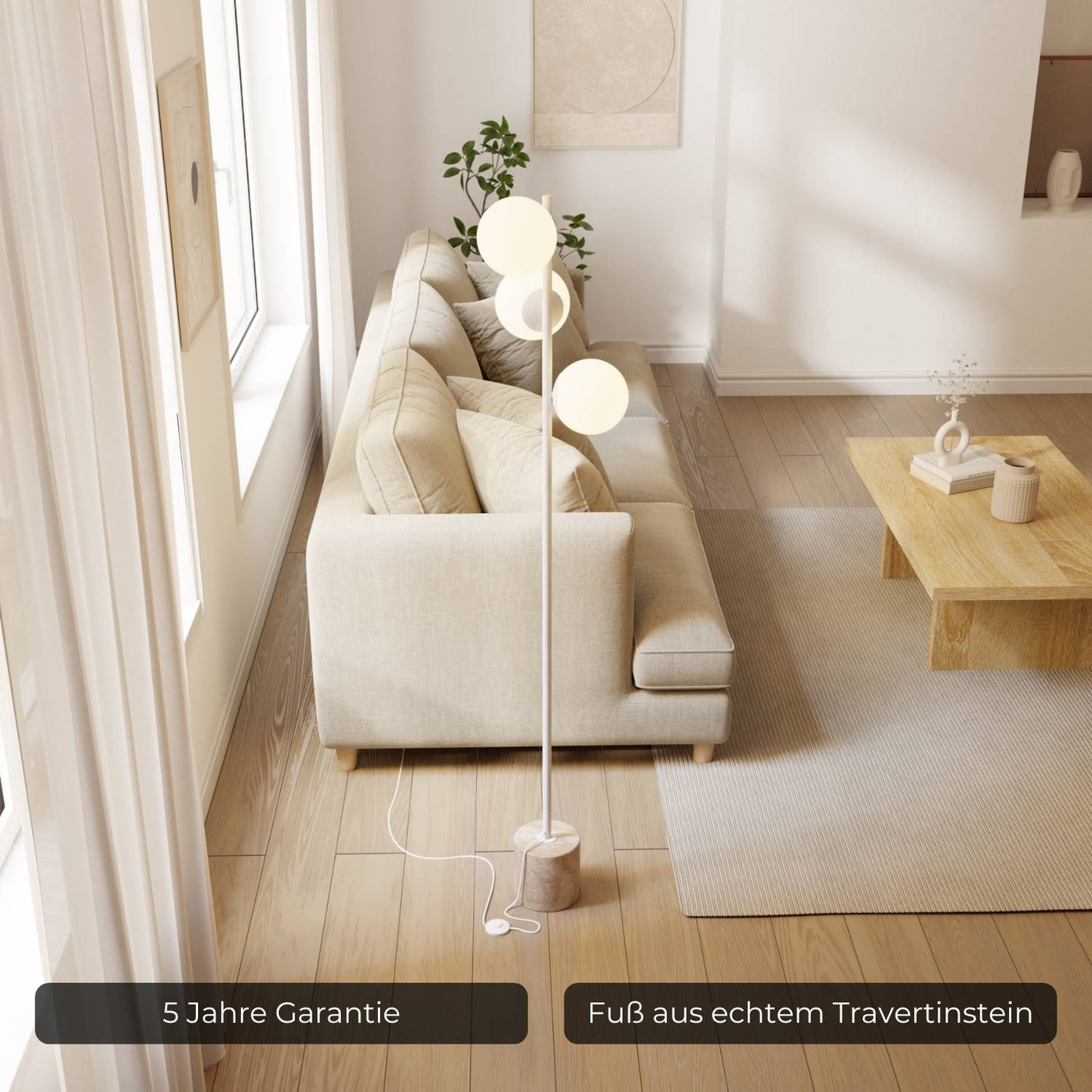LED-Stehleuchte | Designer-Innenbeleuchtung | Opalglas & Travertin-Akzent
