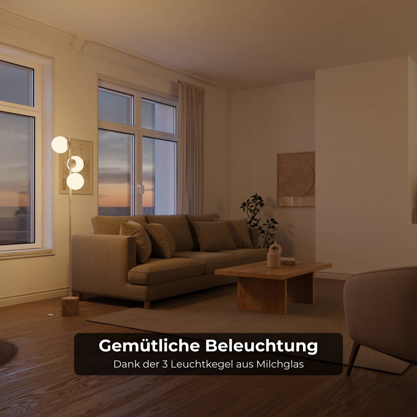 LED-Stehleuchte | Designer-Innenbeleuchtung | Opalglas & Travertin-Akzent